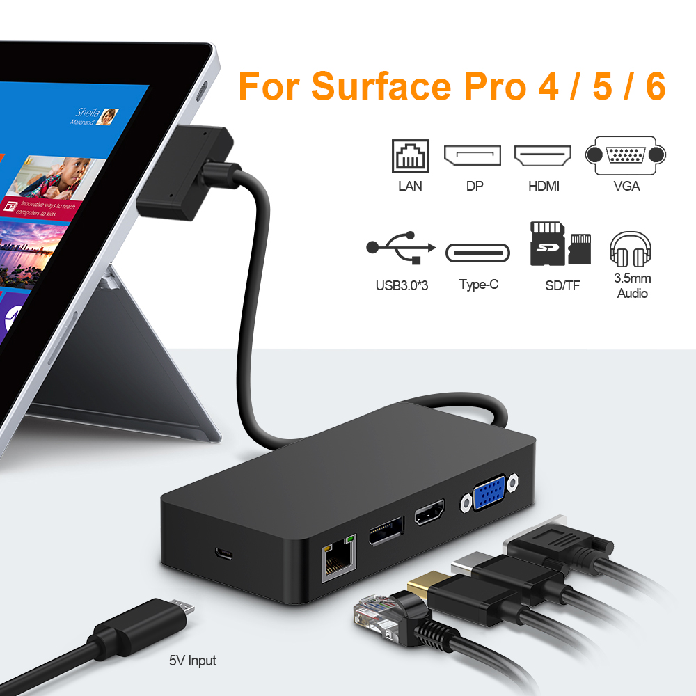 Hot Sell 12 in 1 Hub VGA Audio Usb 3.0 Multi-function Dock for Sur-face Pro 4/5/6 Surface Pro Hub Docking Station with HDMI, VGA, DP, RJ-45 Gigabit Ethernet Port
